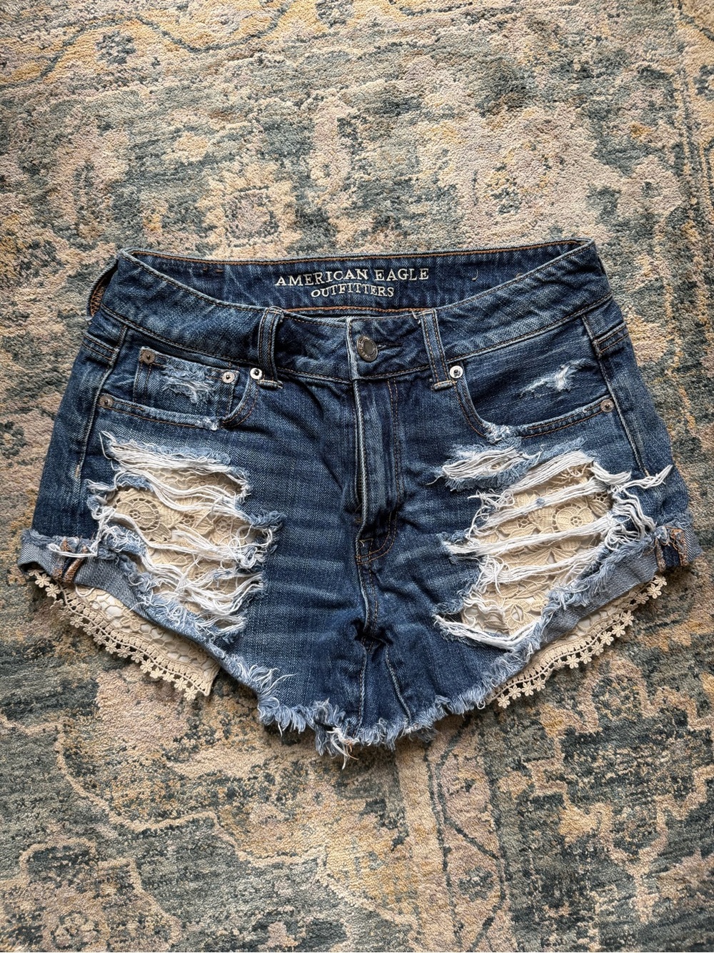 American Eagle Outfitters Blue Distressed Lace-Trim Denim Shorts